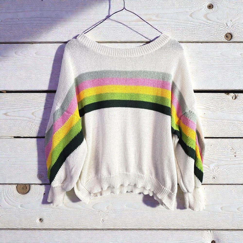 Retro Boho Rainbow Stripe Balloon‎ Sleeve Sweater 10/M Cream Twee Dopamine Artsy